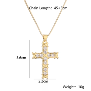 Detailed view of gold plated cross pendant necklace with zircon inlay and chain measurements
