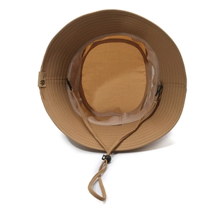 Khaki outdoor sun hat with breathable mesh lining and adjustable chin strap on white background