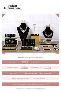 Black velvet jewelry display set with gold frames for necklace bracelet and rings