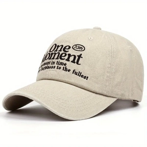 Beige cotton baseball cap with One Moment embroidery and curved brim for men and women