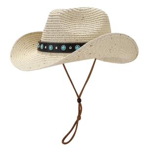 Beige woven straw cowboy hat with turquoise beads and adjustable wind strap