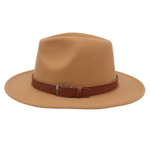 Close-up of khaki wool fedora hat featuring a brown leather band and silver metal buckle
