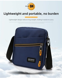 Close-up of lightweight blue nylon crossbody bag with yellow zipper pull detail
