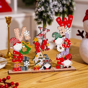 Nordic wooden XMAS gnome table ornament with hand-painted letters and festive colors