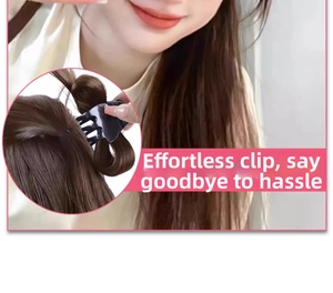Detail showing high ponytail hair claw clip for messy bun styling on black hair