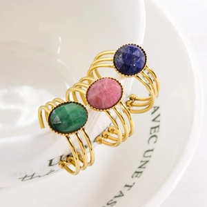Bagues ajustables vintage dorées 14K serties de pierres bleues, roses et vertes