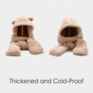 Plush Sherpa Fleece Hooded Scarf Hat With Bear Ears Warm Winter Integrated Set For Women Thickened Soft