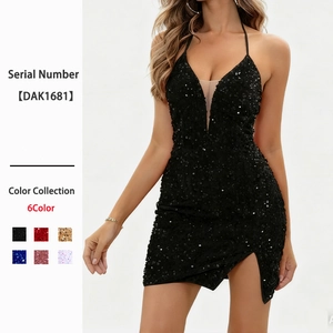 Sexy Pailletten Mini Kleid Halter Tiefer V Ausschnitt Rückenfrei Seitenschlitz Bodycon Party Nachtclub Cocktail
