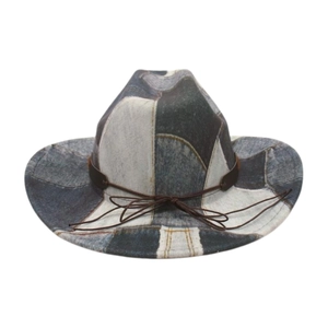 Western style patchwork fedora hat with blue vintage denim texture and brown leather strap