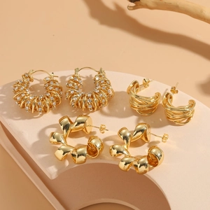 Three-pair 14K gold plated twist C-shaped zircon hoop earrings set for women