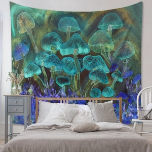 Detailed close-up of bohemian mushroom tapestry with vibrant forest patterns in bedroom