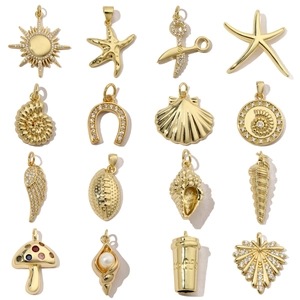 Gold Plated Copper Pendants Cubic Zirconia DIY Jewelry Accessories Starfish Sun Heart Mushroom Shaped Charms