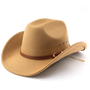 Classic camel felt cowboy hat with wide brim and brown leather strap with gold buckle