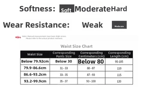 Size chart for PU leather belts with waist measurements and length guide in centimeters