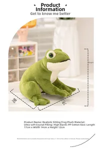 Detailed size chart of a 17cm green sitting frog plush toy with soft crystal fabric