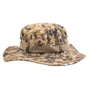 Detail of desert digital camo boonie hat featuring tactical webbing and metal eyelets