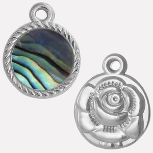 Dual-sided 304 stainless steel necklace with abalone shell and rose flower engraving