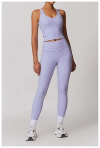 Vista dettagliata del set yoga lavanda con top con scollo a V e leggings a vita alta
