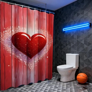 Detail of red heart patterns on wood texture shower curtain for bathroom decor