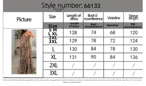 Detailed size chart for printed mesh strap dress with measurements in cm for S to XL