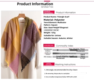 Detail view of colorful plaid cashmere-like scarf with fringe and geometric patterns