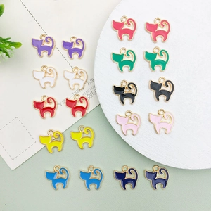 Colorful enamel cat charms set in various colors with gold-tone alloy edges and hanging loops