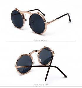 Detail view of gold steampunk flip-up sunglasses with round lenses and spring temples