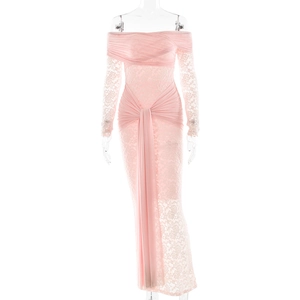 Elegant pink lace off-shoulder long-sleeve maxi dress with waist tie and draped details