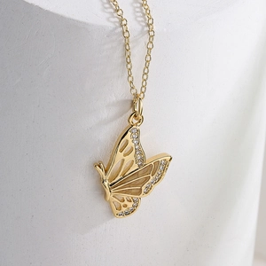 Minimalist 18K gold plated butterfly pendant necklace with zircon and enamel details
