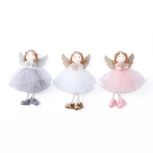 Three handmade Christmas angel plush dolls in grey white and pink with tulle wings