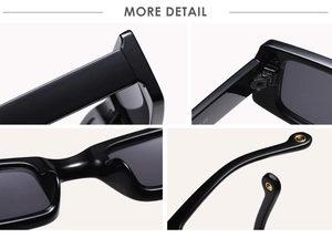 Detailed close-up of rectangular sunglasses featuring integrated nose pads and metal hinges