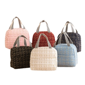 Insulated tweed lunch bag set for women in six colors with striped handles and zipper