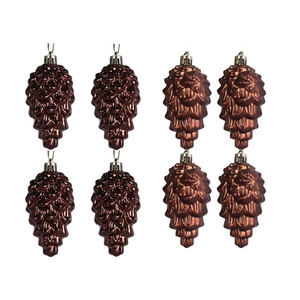 Set of 8 metallic pine cone Christmas ornaments in bronze and brown finishes with silver loops