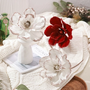 Elegant 25cm artificial Christmas glitter magnolia flower in white and burgundy colors