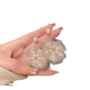 Elegant gold snowflake earrings with white pearls and pink pom poms for women