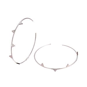 Minimalist silver geometric hoop earrings with triangular stud accents on white background