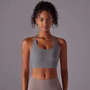 Vista frontale di un reggiseno sportivo grigio spazzolato con fascia di supporto