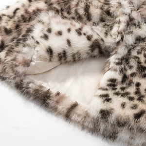 Close-up of leopard print faux fur texture and smooth beige inner lining of the jacket