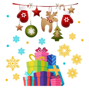 Christmas wall stickers featuring colorful gift boxes and snowflake hanging decorations