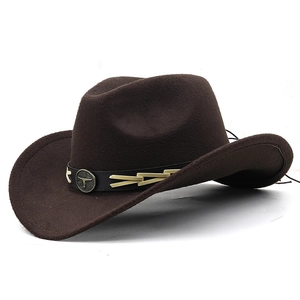 Classic dark brown western cowboy wool felt hat with leather band and metal bull head logo