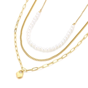 Three-layer gold stainless steel necklace with white pearls and a heart locket pendant