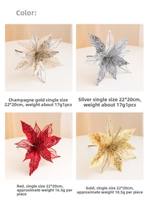 Detail showing 22x20cm sequined Christmas poinsettia flowers in four festive colors