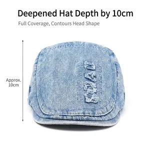 Vintage washed light blue denim beret hat with embroidery and 10cm deep crown fit