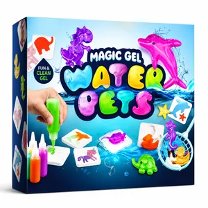 Dettaglio del kit Magic Gel Water Pets con flaconi di gel colorati e stampi per animali