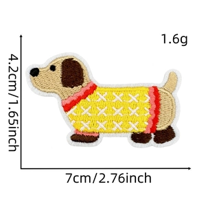 Macro detail of dachshund dog embroidery patch showing 7cm x 4.2cm size and texture