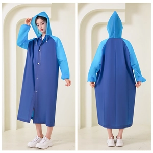 Front and back detail of a thick hooded EVA raincoat with blue contrast color design