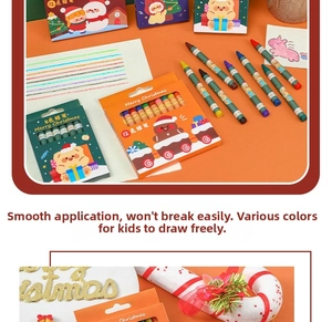Macro detail of Christmas themed crayons with festive cartoon patterns and holiday packaging