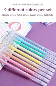 Detailed set of 9 Morandi color gel pens arranged on a purple notebook background