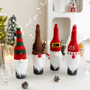 Weihnachts Weinflaschenhülle Gestrickte Gnom Rudolph Design Kunstpelz Bart Dekorative Feiertags Abendessen Tischschmuck