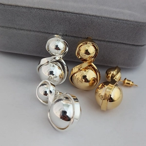Geometric Double Ball Stud Earrings Copper Gold Plated Twisted Spiral Minimalist Vintage Elegant Jewelry For Women